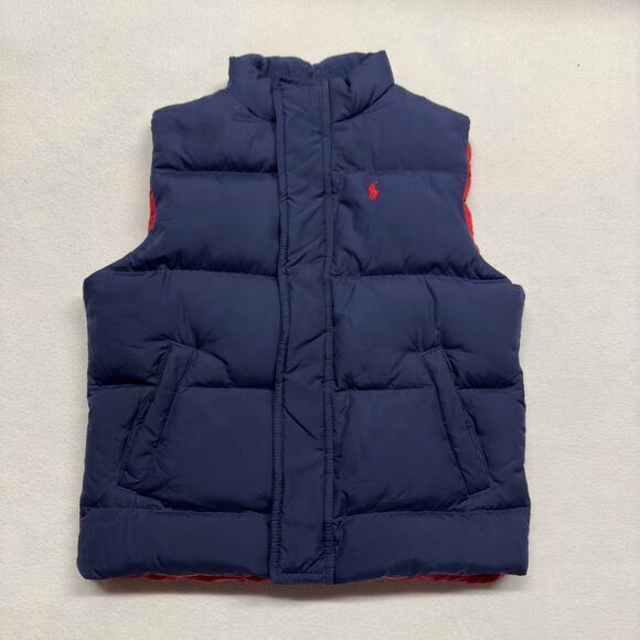 Polo Ralph Lauren Boys Size‎ 5 Puffer Down Filled Navy Blue Vest Red Lining - Picture 1 of 8